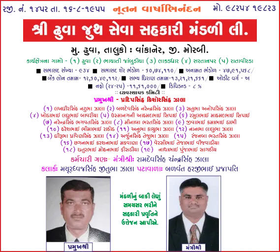 શ્રી ઢુવા જૂથ સેવા સહકારી મંડળી તરફથી
