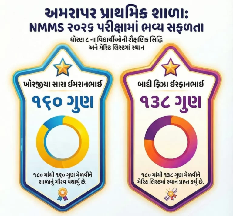 NMMS માં અમરાપરની વિધાર્થિનીઓનું ઉત્ક્રુષ્ટ પરિણામ